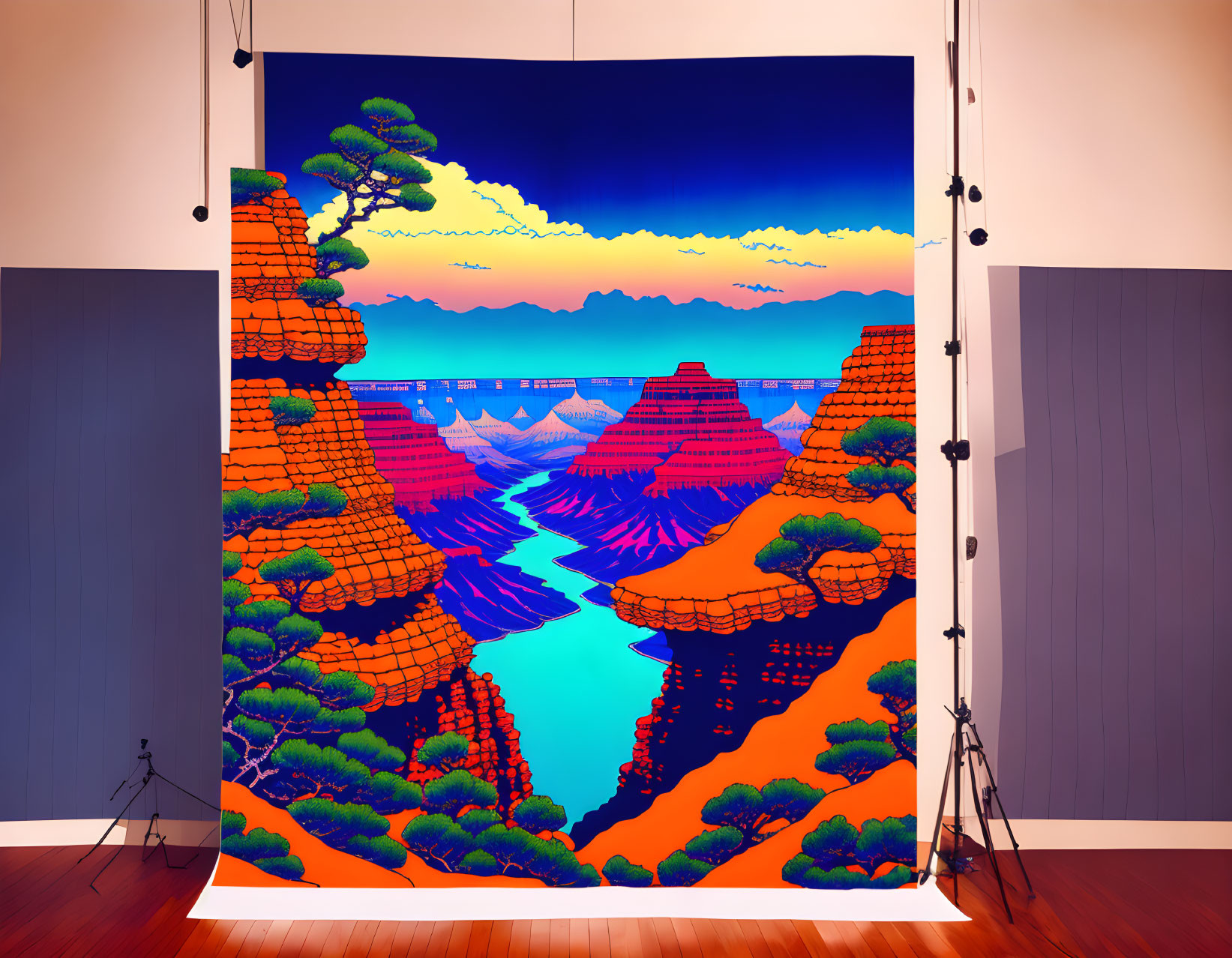 Colorful Canyon Landscape Artwork Hanging in Room with Lighting Equipment