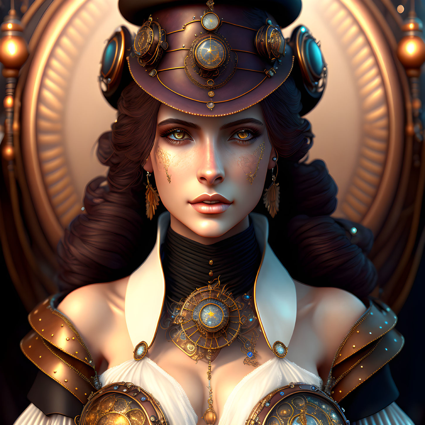 Steampunk-inspired woman digital artwork with intricate attire and gear-shaped backdrop.