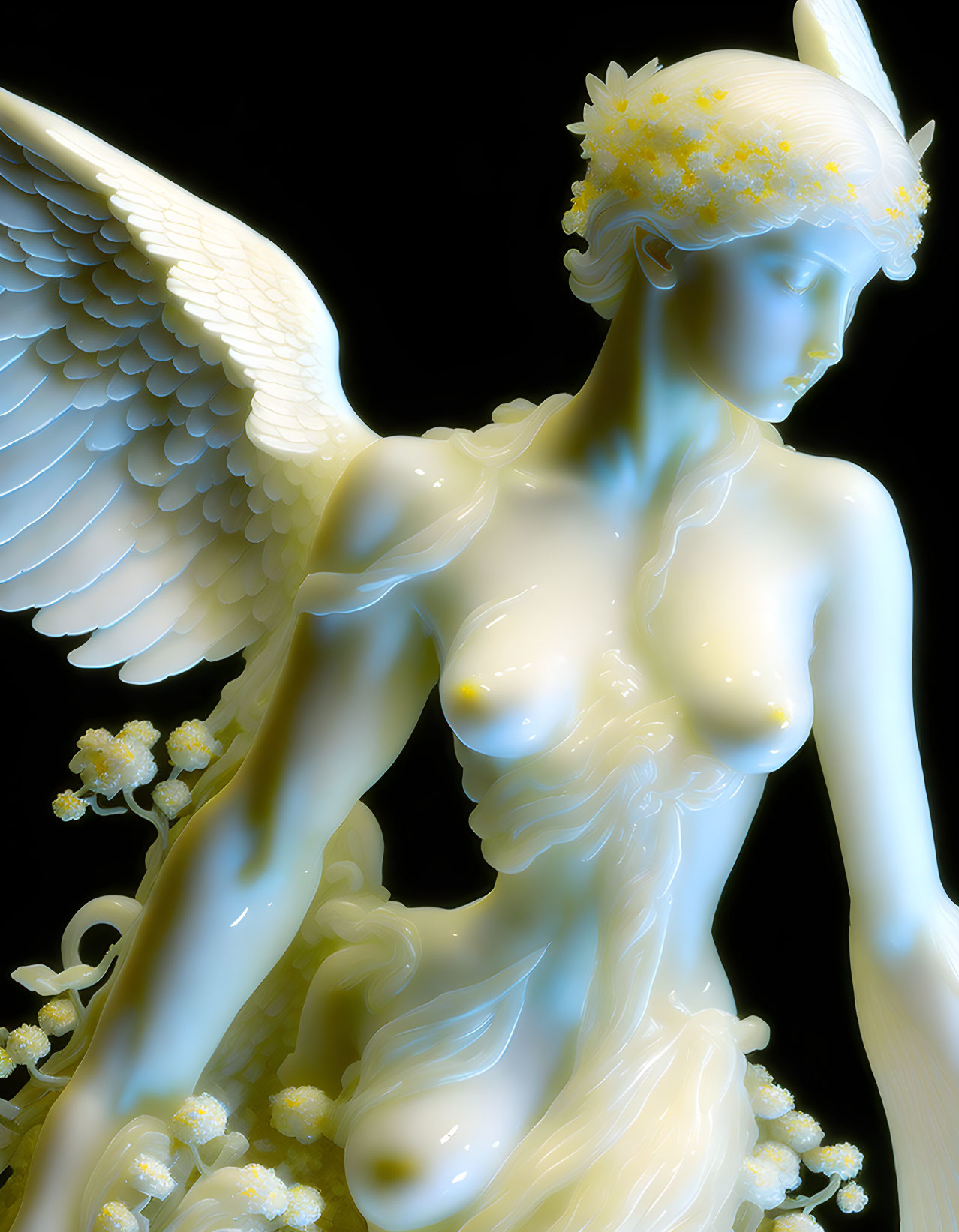 Ethereal angel statue with wings and floral crown on dark background