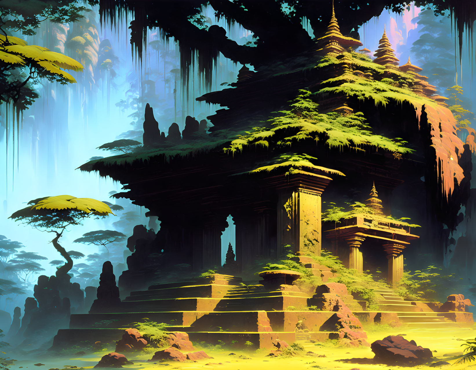 Ancient multi-tiered temple in lush forest with waterfalls