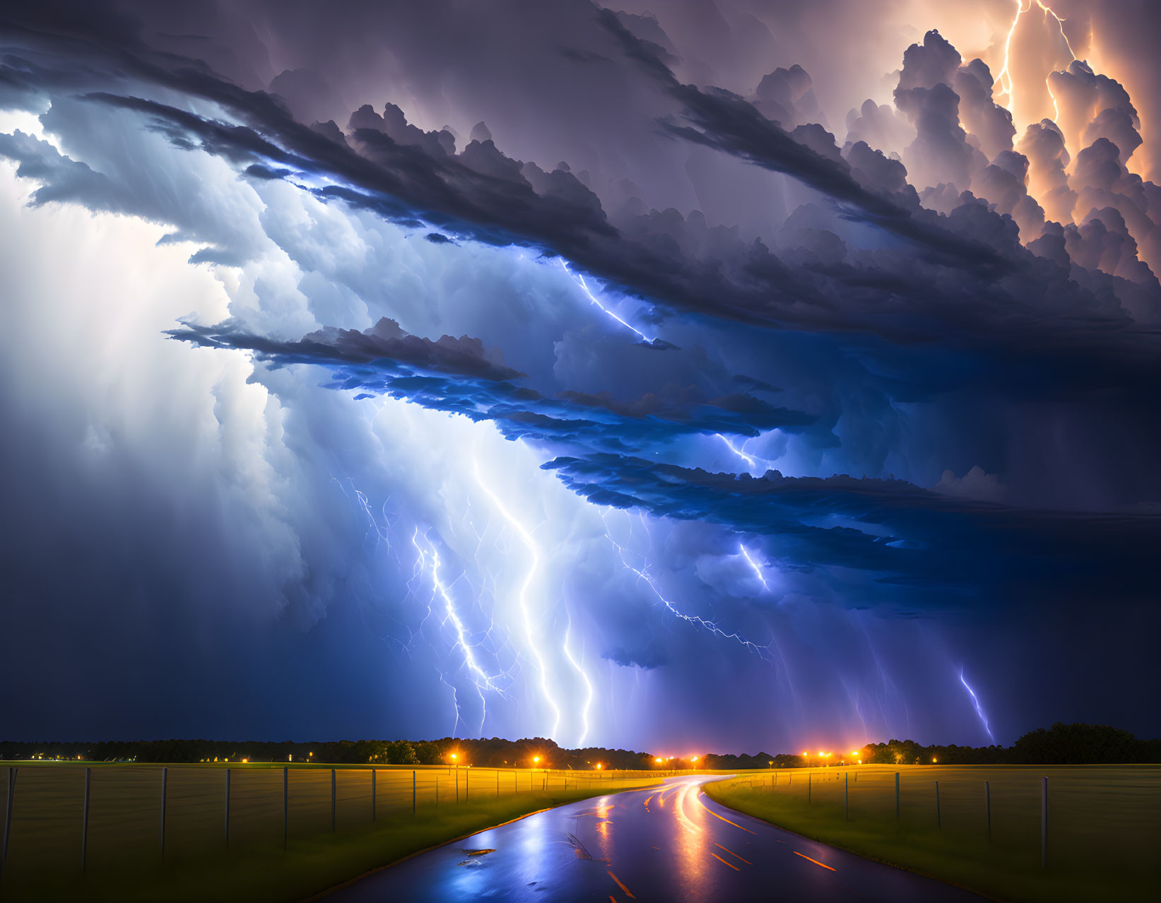 Intense lightning storm over wet road in dramatic scene