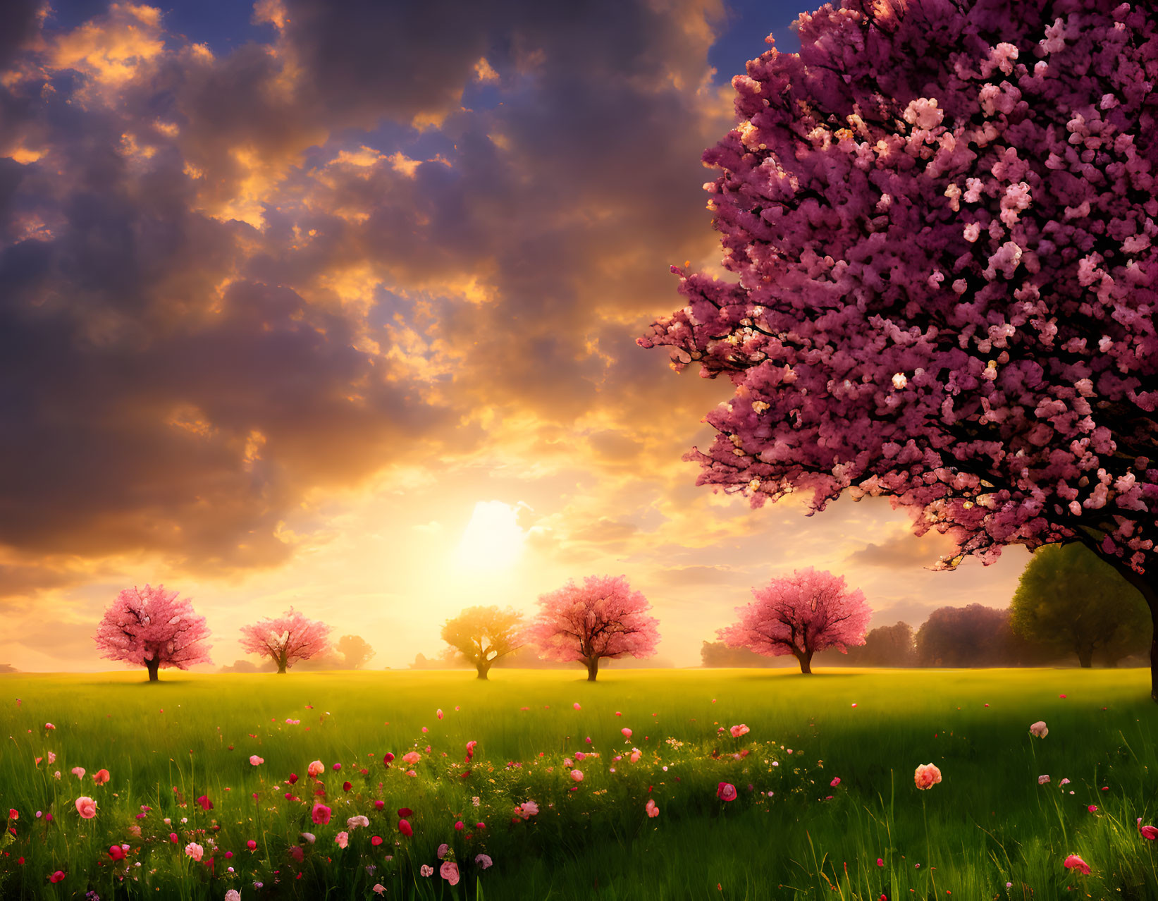 Tranquil Sunset Landscape with Cherry Blossoms and Wildflowers