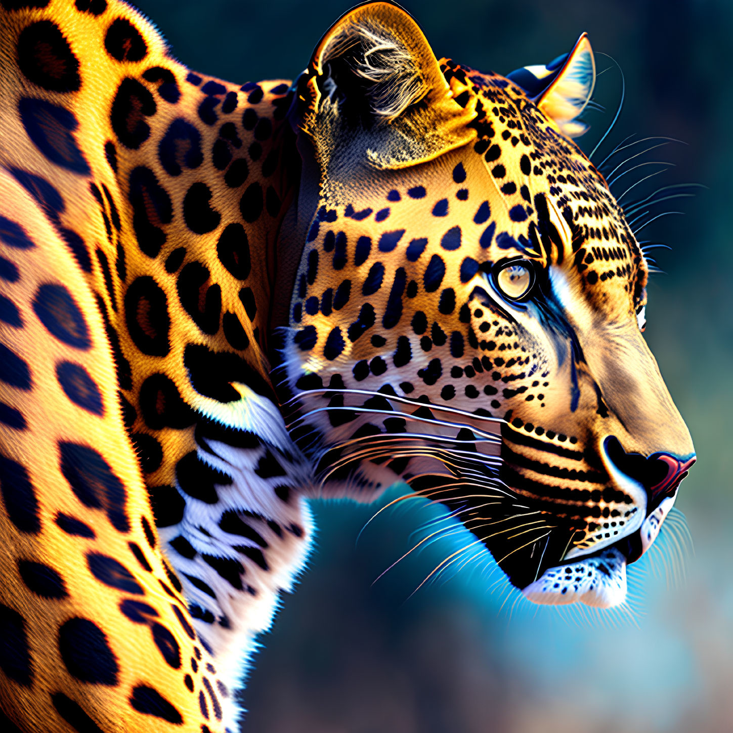 Close-up of jaguar with orange fur and black rosettes on blue background