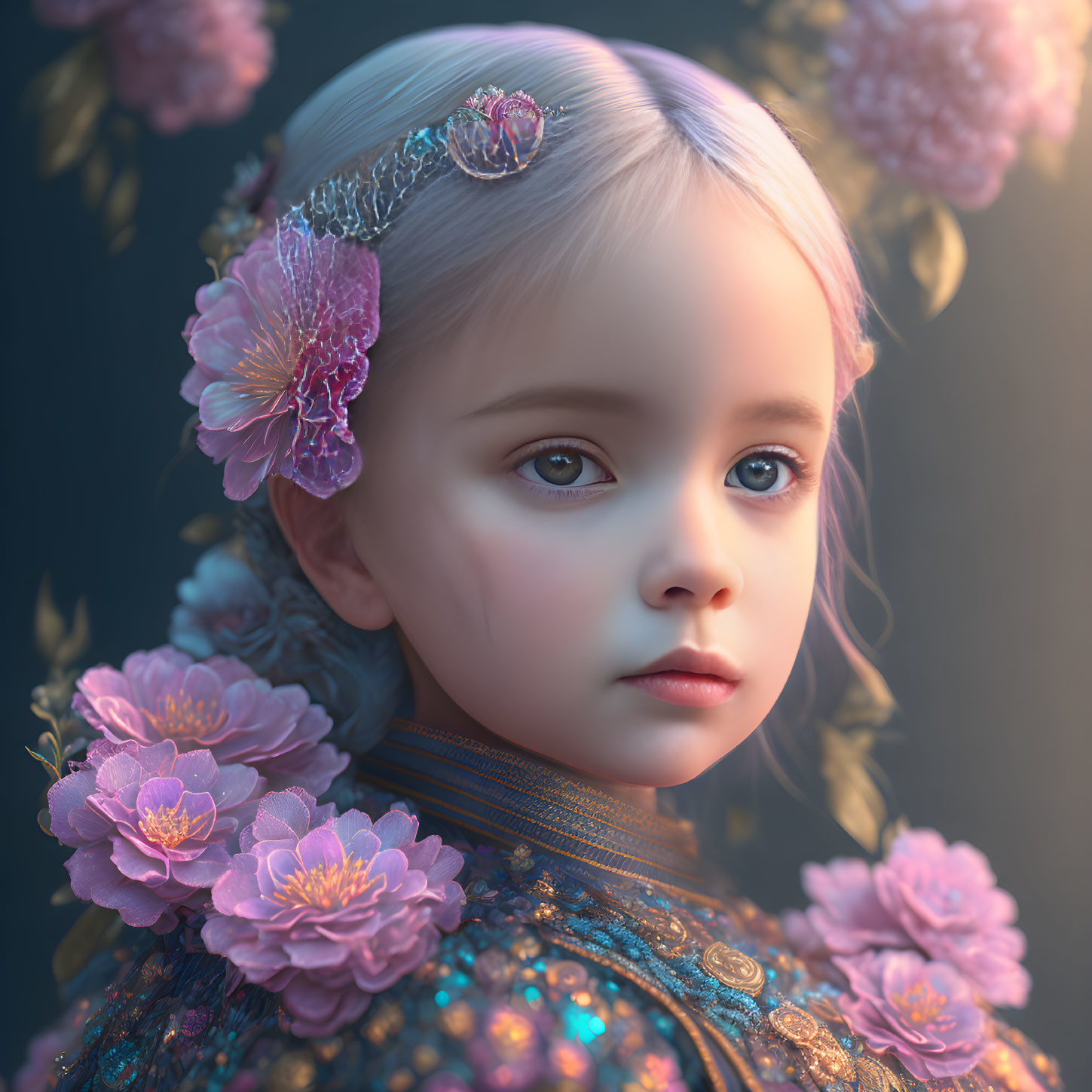 Vibrant pink flowers and jewelry on young girl in digital artwork