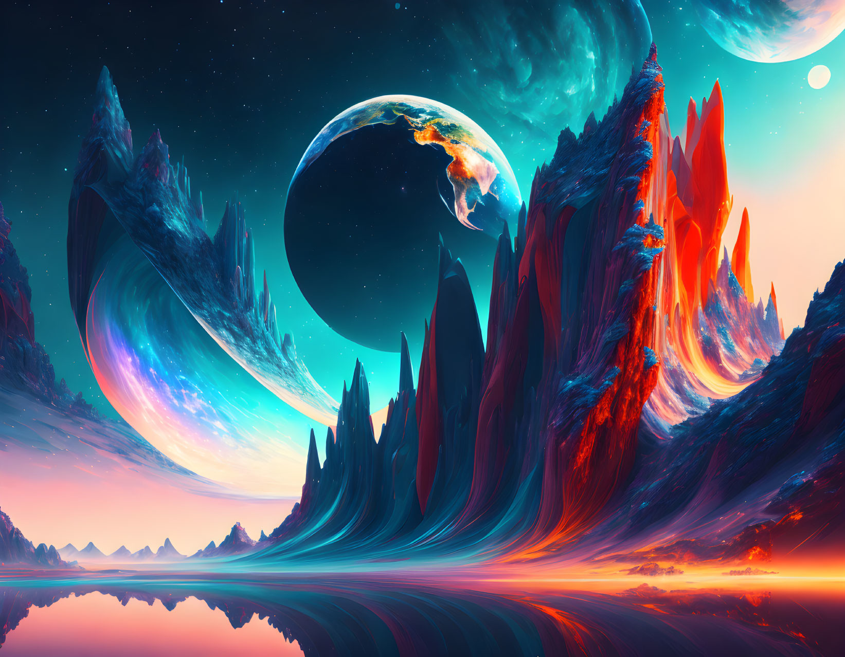 Vibrant surreal digital art: alien terrain under cosmic sky