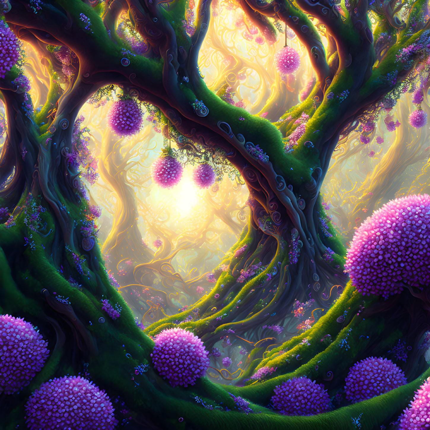 Fantastical forest with glowing orbs and golden light