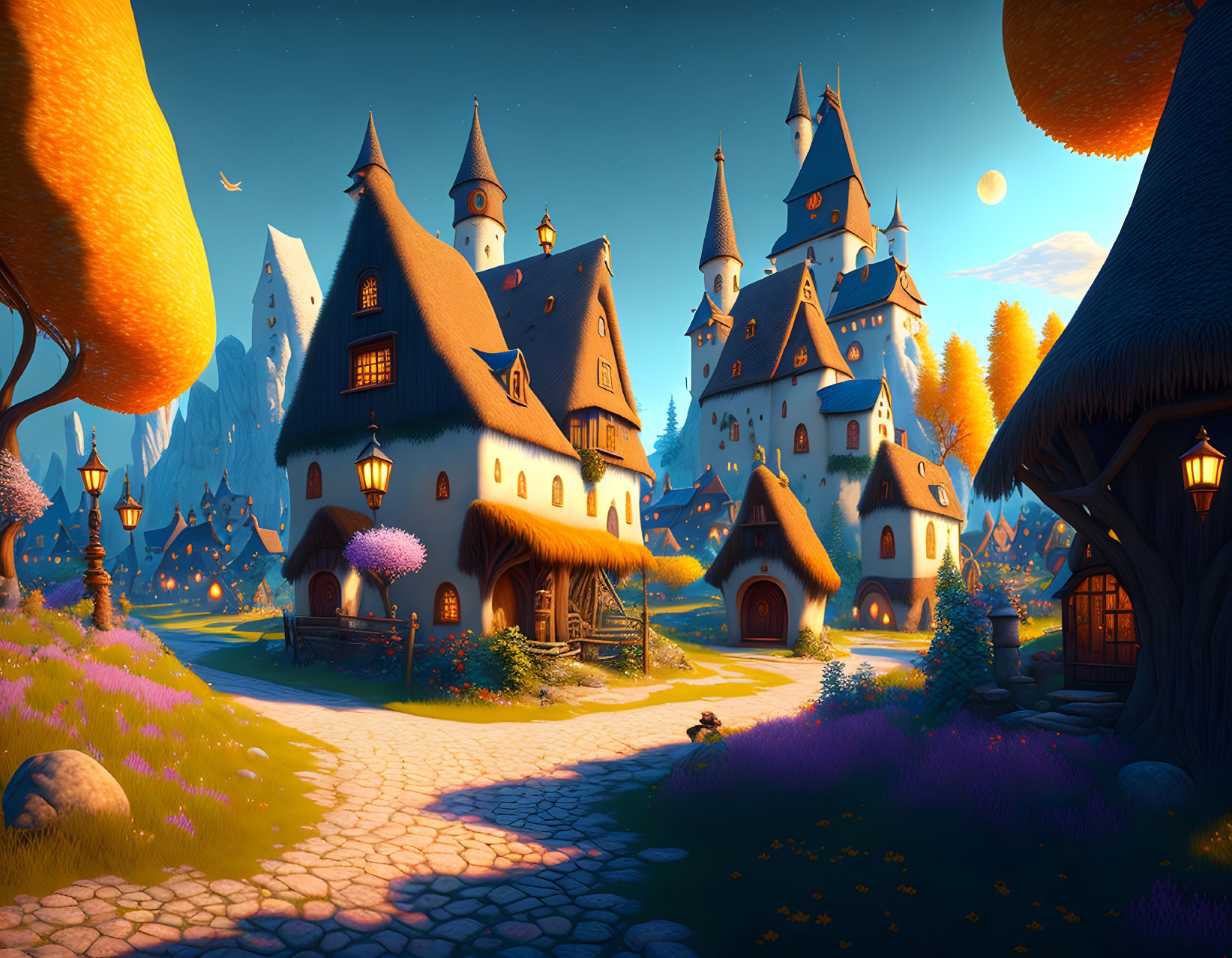 Whimsical fairytale village with oversized citrus fruit at dusk