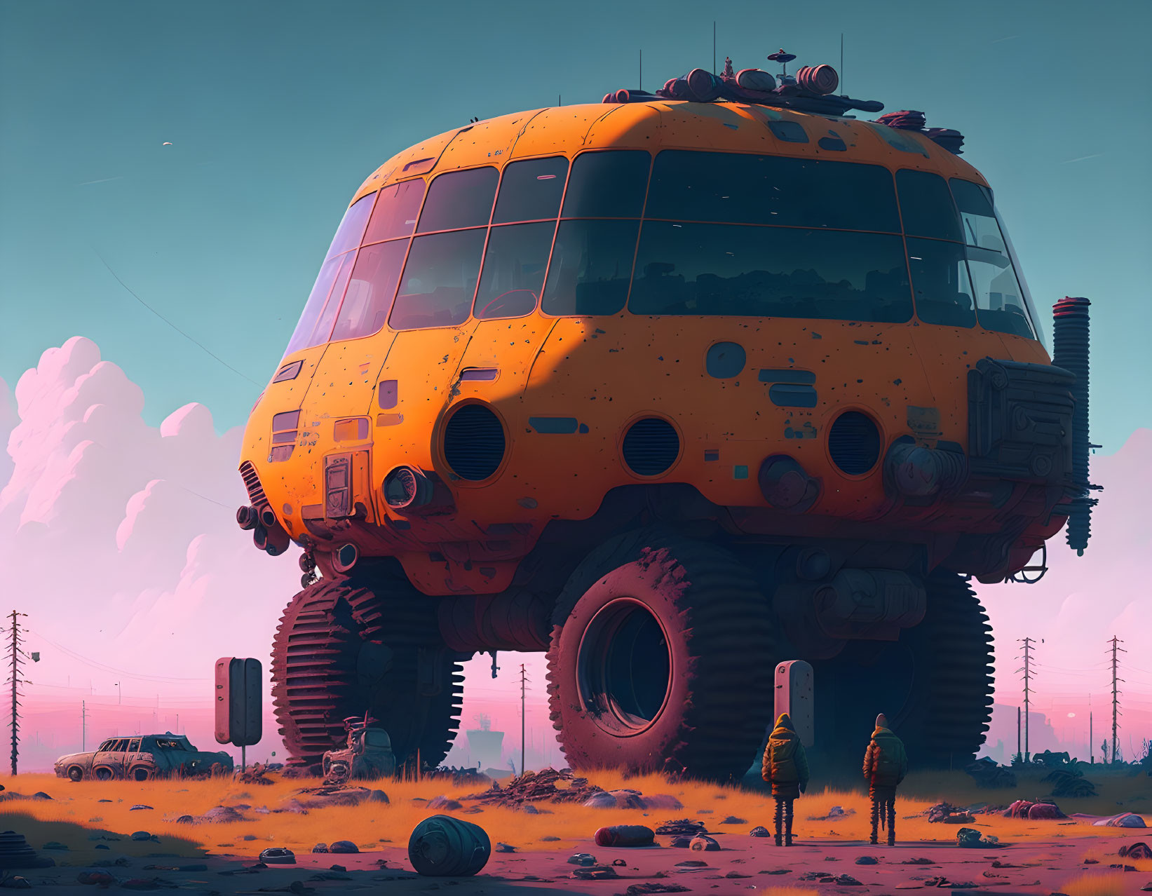 Futuristic oversized vehicle with large wheels in desert landscape with figures in hazmat suits