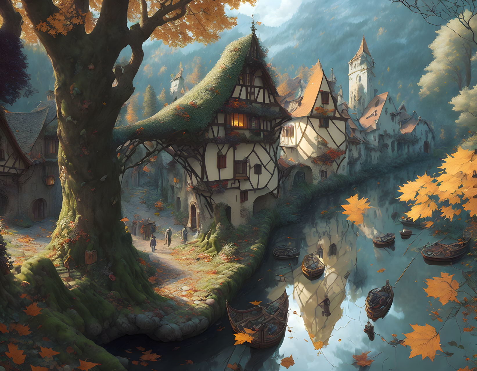 Medieval village with half-timbered homes, river, castle, autumn trees