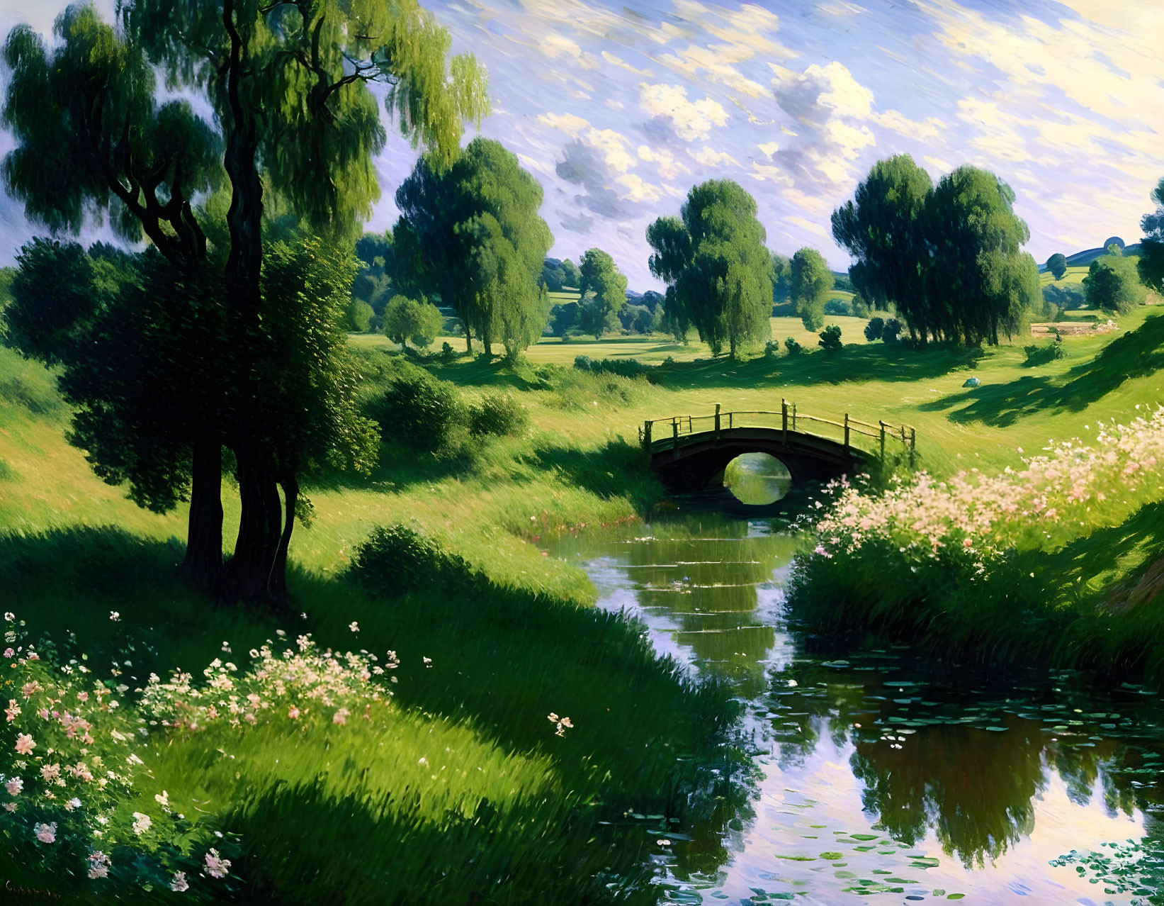 Tranquil landscape painting of green meadow, river, bridge, and wildflowers