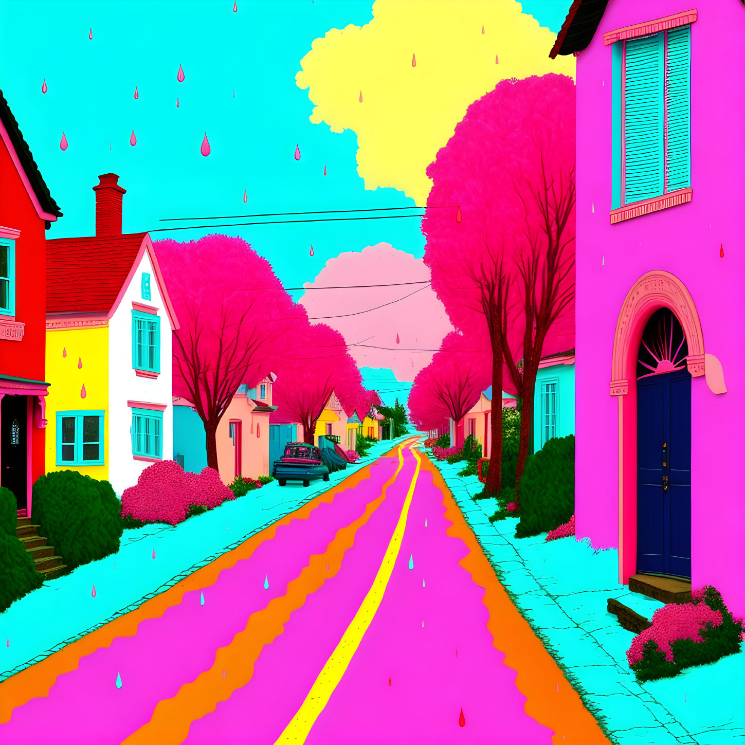 Colorful digitally altered street scene with pink trees, teal sky, neon houses, and yellow road in