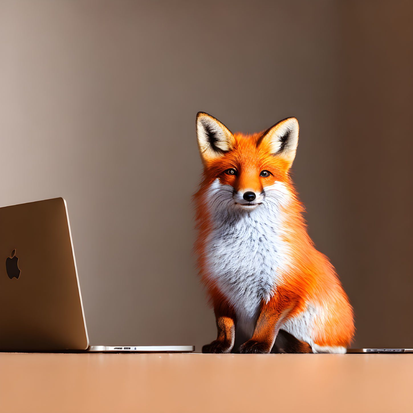 Red fox sitting behind laptop on desk with beige background
