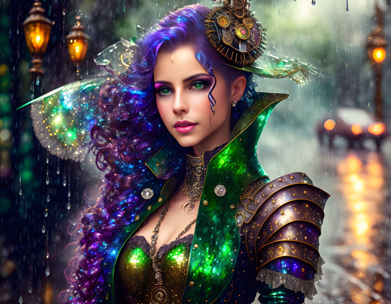 Vibrant purple hair woman in green fantasy armor under falling snowflakes