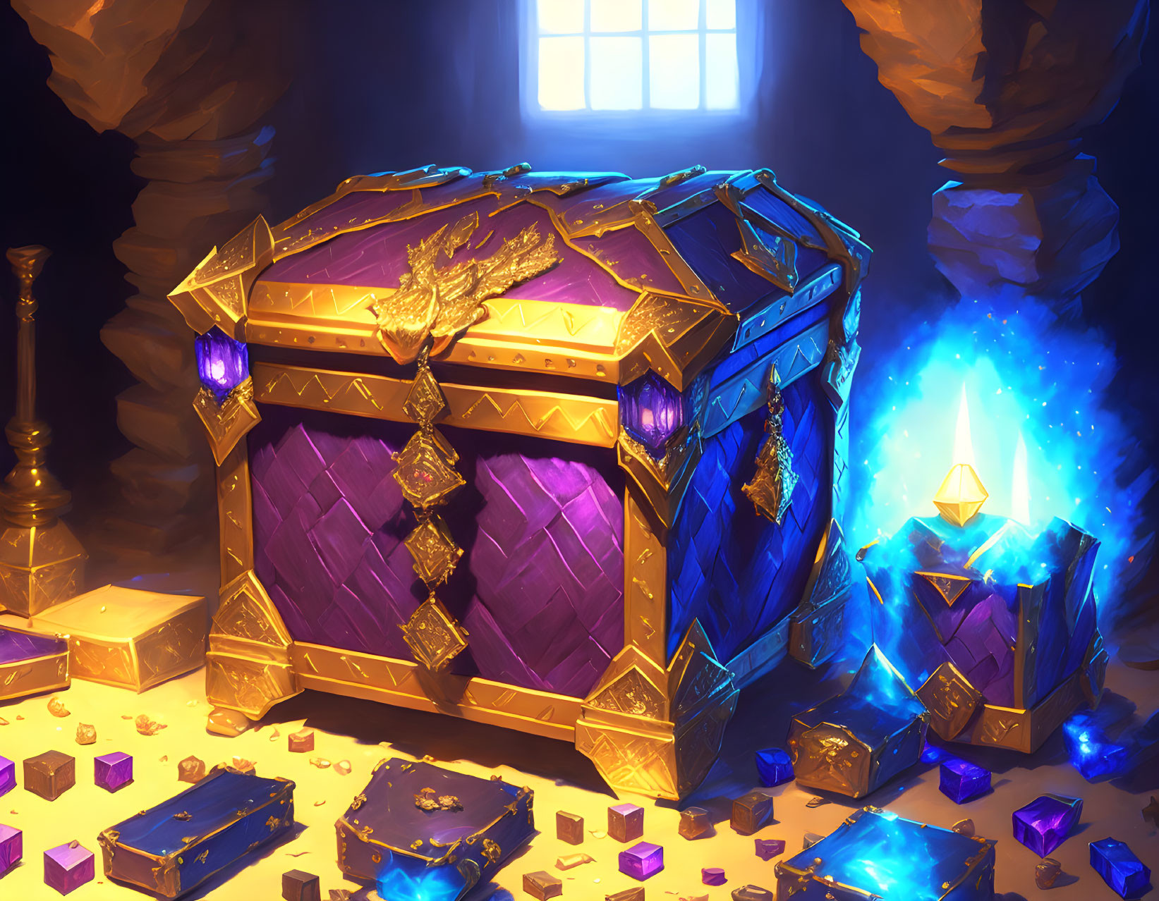 Ornate treasure chest with purple crystals in dimly lit cave