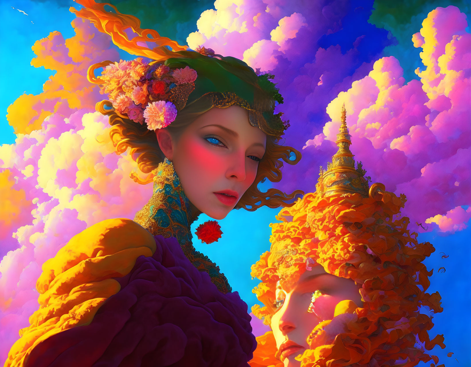 Digital artwork featuring woman in floral headdress and ornate garment with golden figure against vibrant cloud backdrop