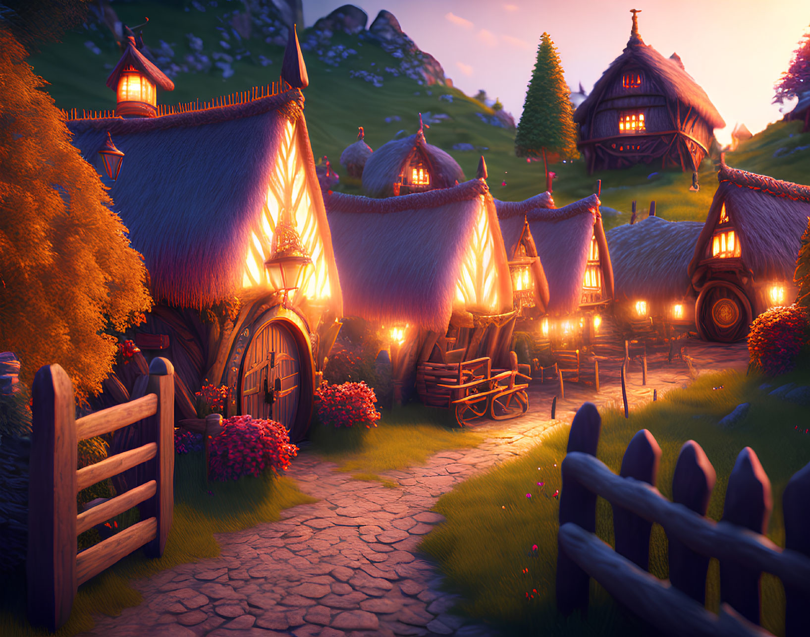 Charming Twilight Scene of Thatched-Roof Village