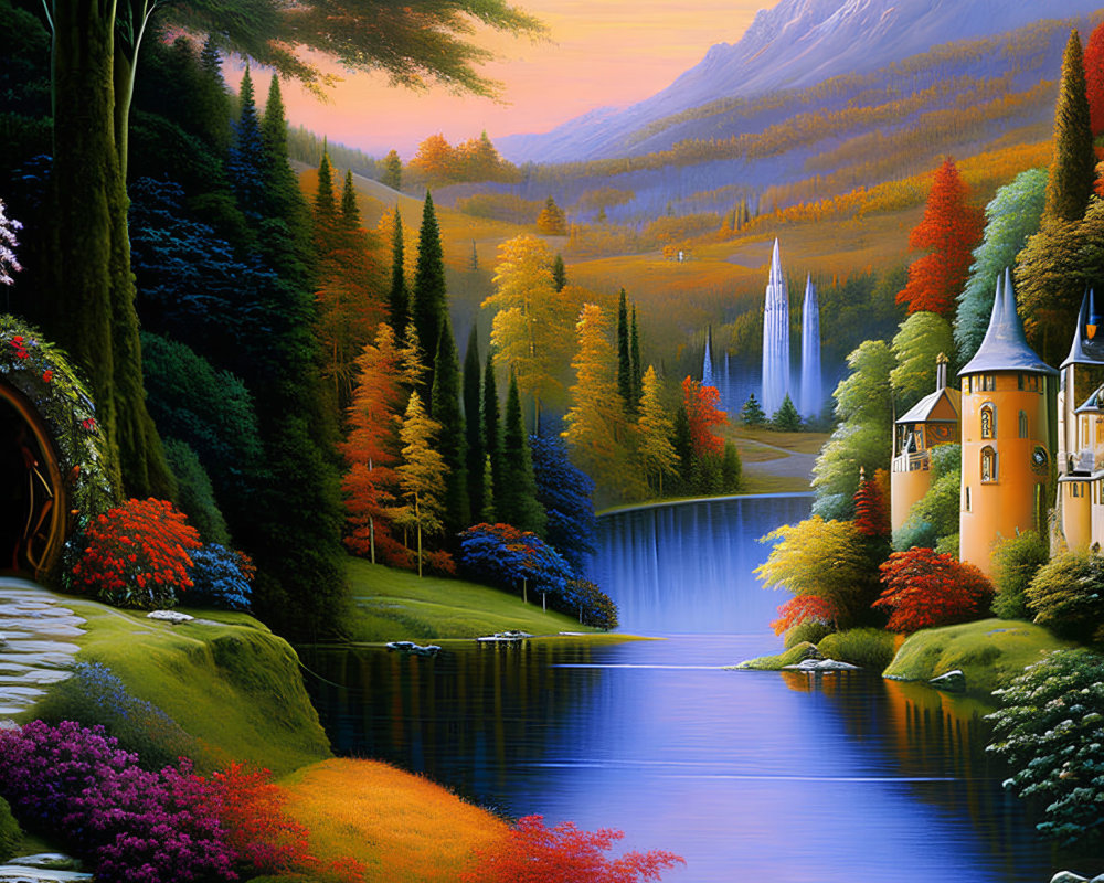 Colorful Castle Landscape Beside Lake & Forests