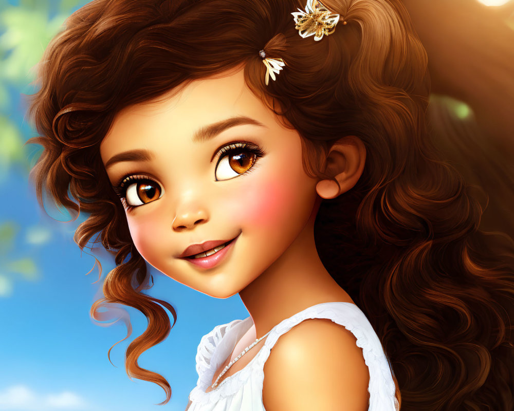 Young girl digital illustration with curly brown hair and white dress