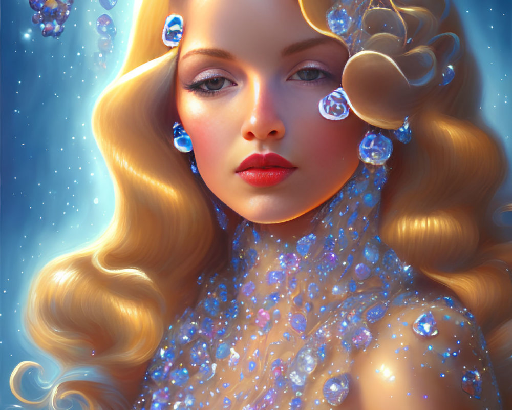 Blonde Woman Portrait with Gemstones on Blue Background