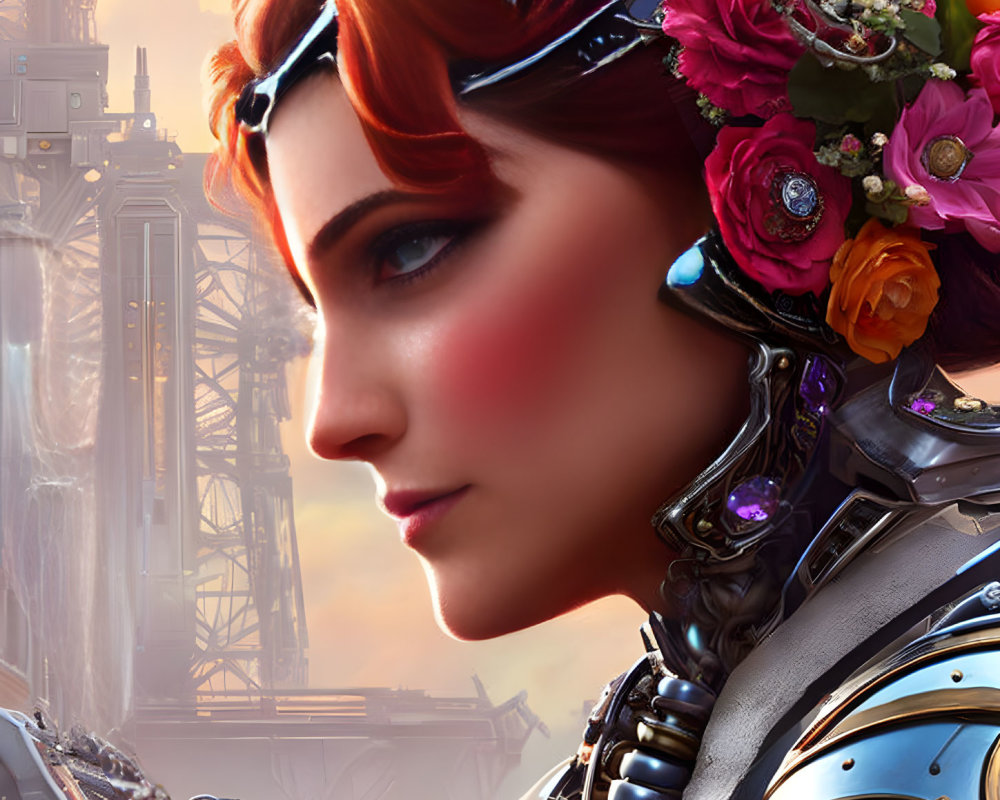 Red-haired woman with floral crown in futuristic armor and visor against industrial background