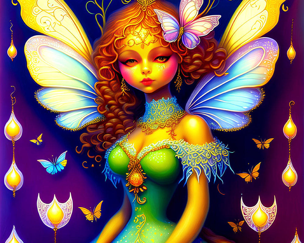 Colorful Fairy Illustration with Multicolored Wings and Ornate Jewelry