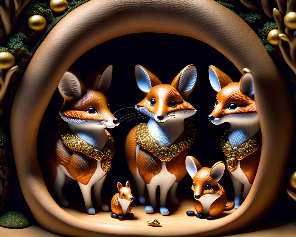 Stylized foxes in hollow log with golden necklaces
