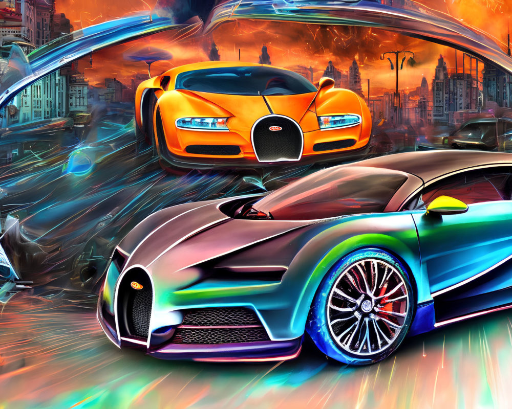 Dynamic digital artwork: Futuristic Bugatti cars in vibrant cityscape