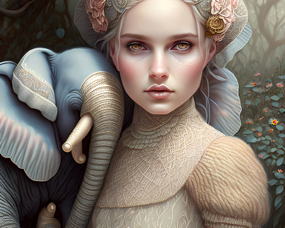 Digital artwork of woman with pale hair embraced by elephant against floral backdrop