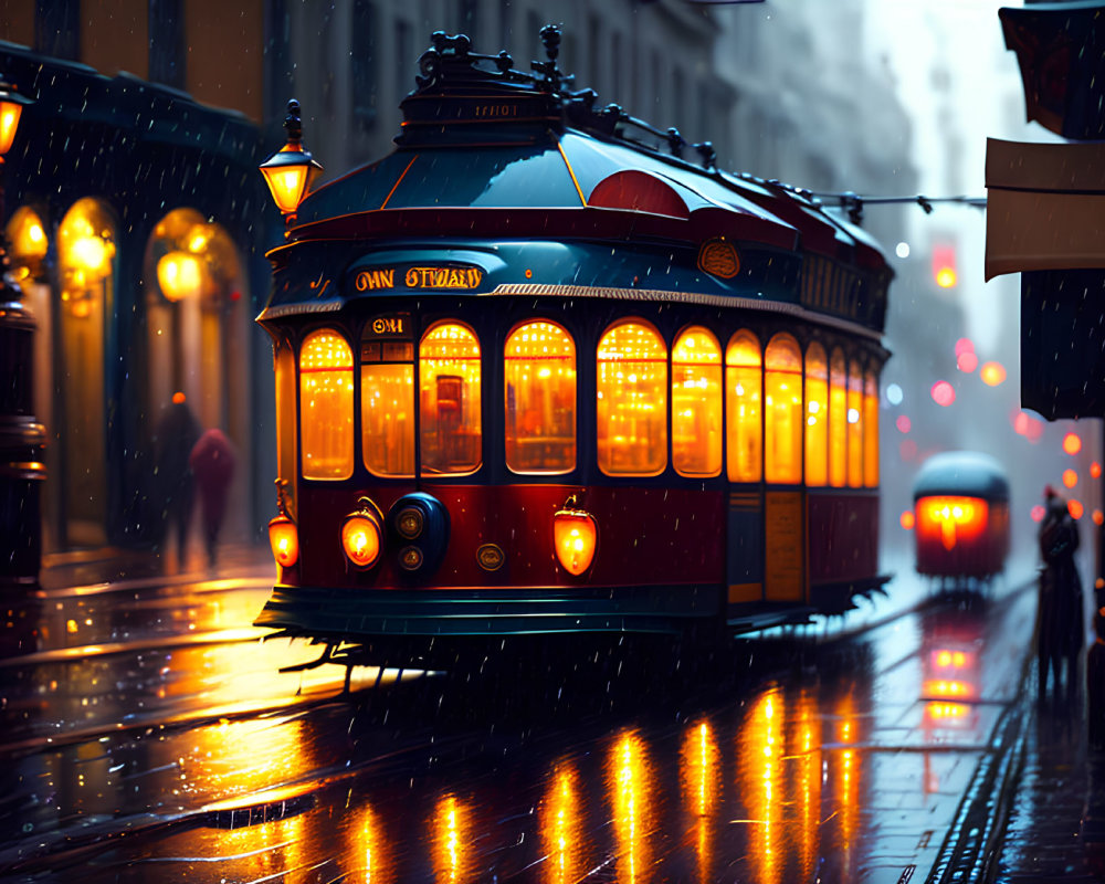Vintage Red Tram Lights Up Rainy Cobblestone Street at Twilight