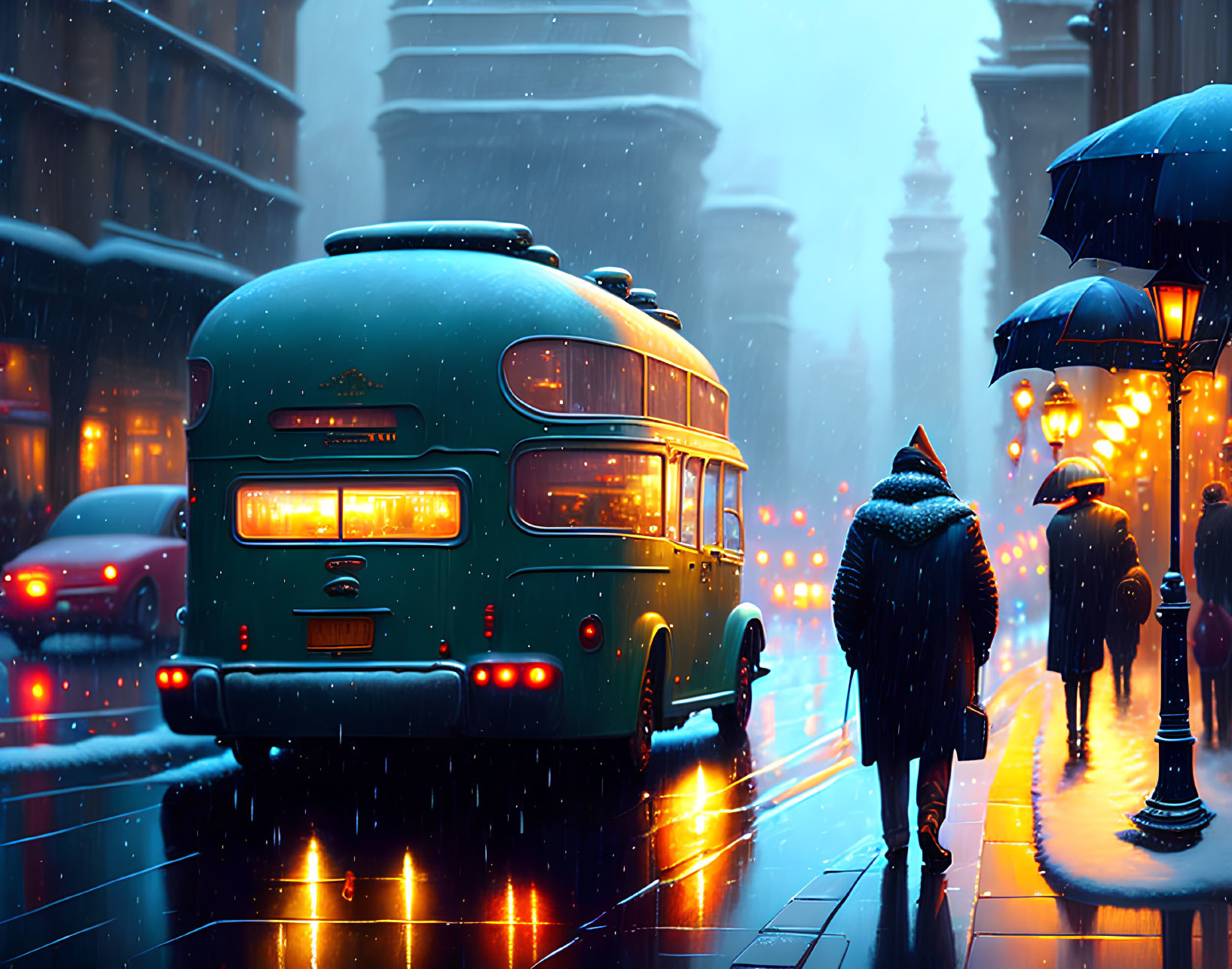 Vintage Bus and Pedestrians on Snowy City Street at Dusk