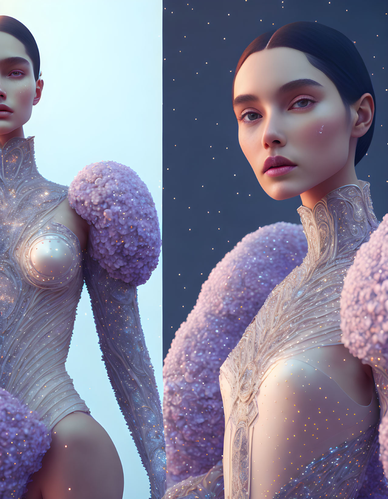 3D-rendered woman in futuristic clothing against starry backdrop