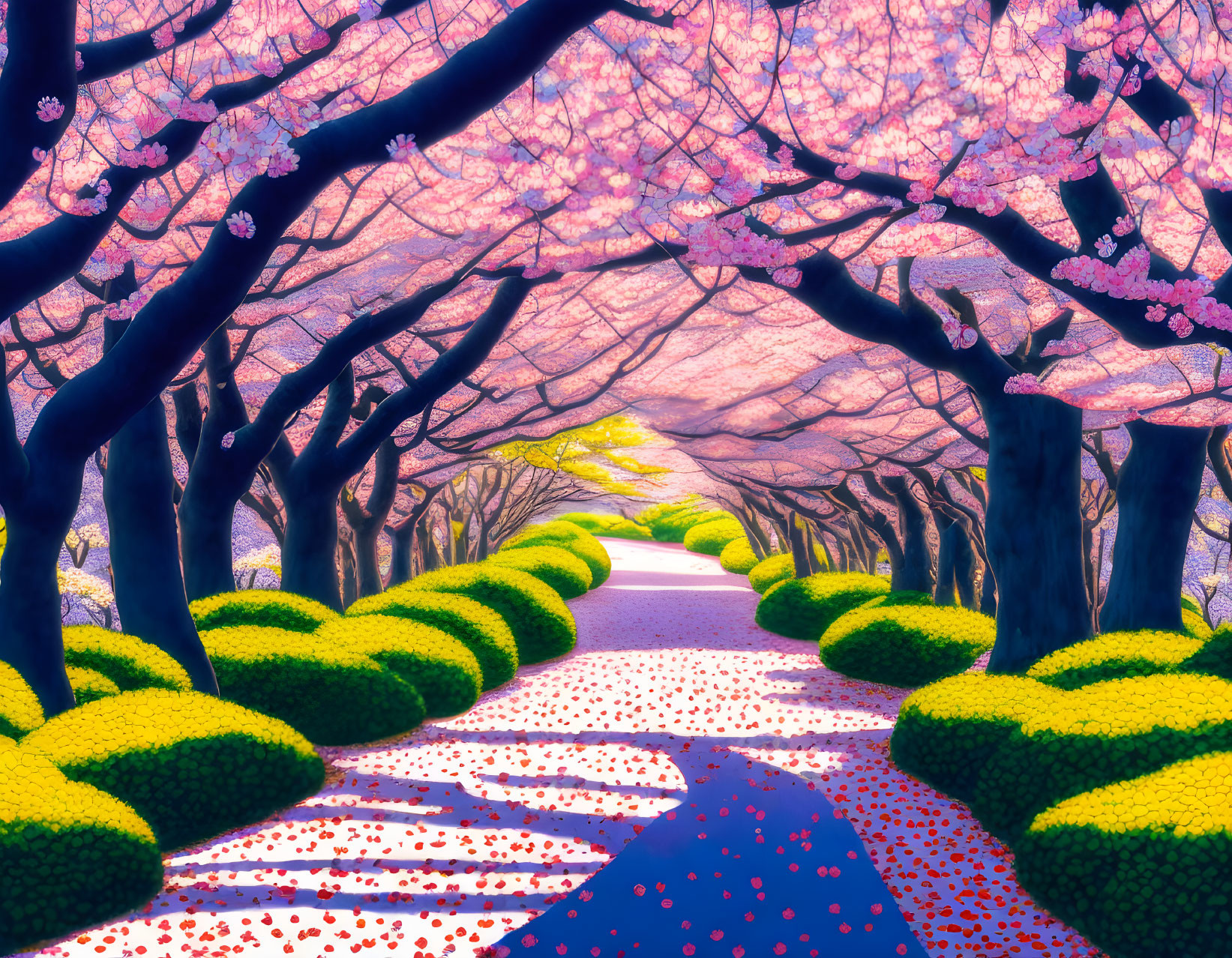 Tranquil Cherry Blossom Path with Pink Petals and Green Bushes