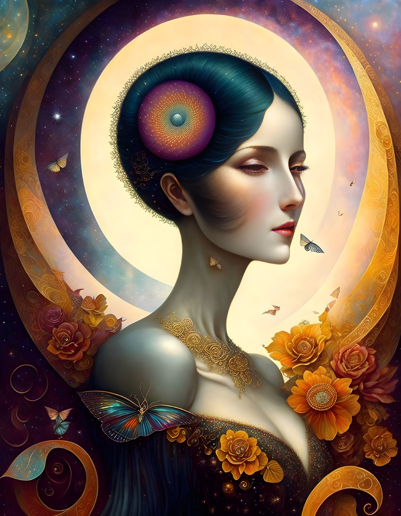 Ethereal artwork featuring woman with celestial, floral motifs, butterfly, and peacock feather hairstyle in