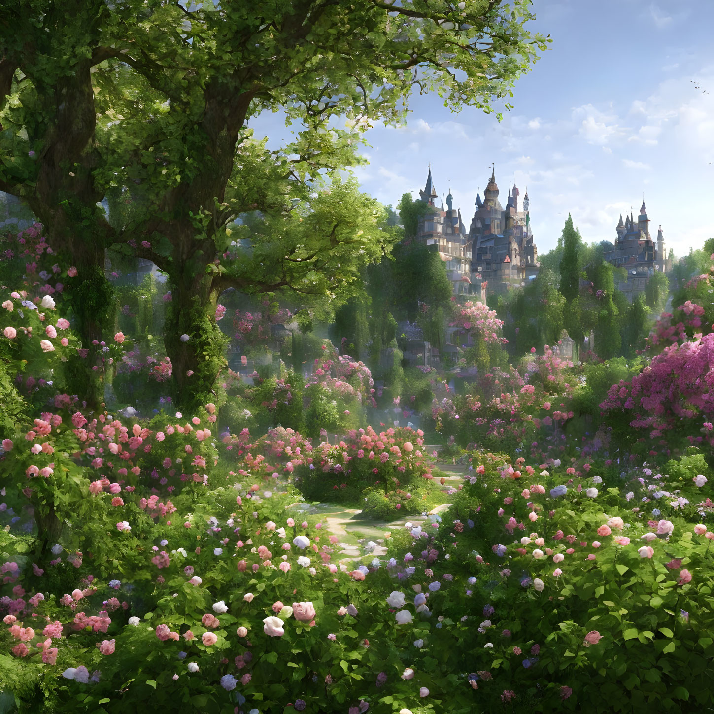 Lush sunlit garden with colorful flowers and fairy-tale castle