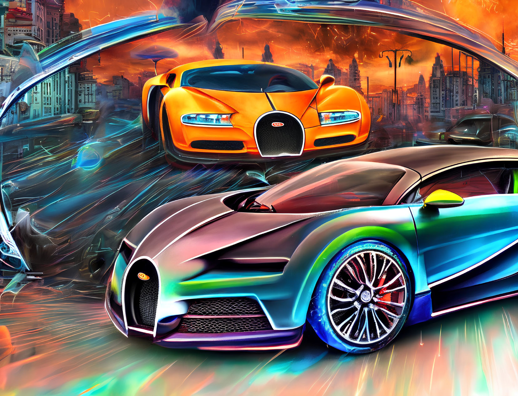 Dynamic digital artwork: Futuristic Bugatti cars in vibrant cityscape