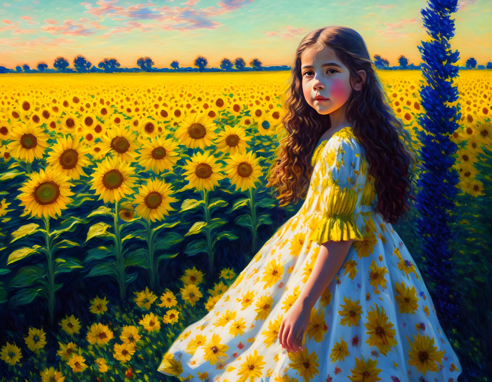Young girl in yellow sunflower dress surrounded by blooming sunflowers and tall blue flowers under blue sky