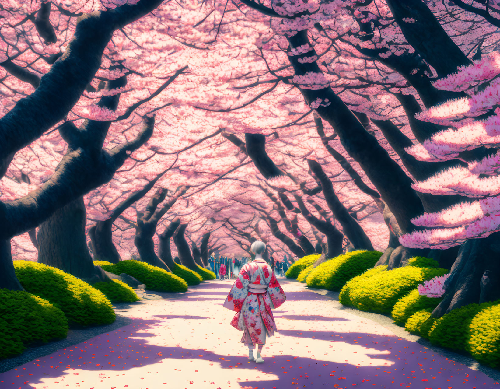 Person in Traditional Attire Walking Among Pink Cherry Blossoms