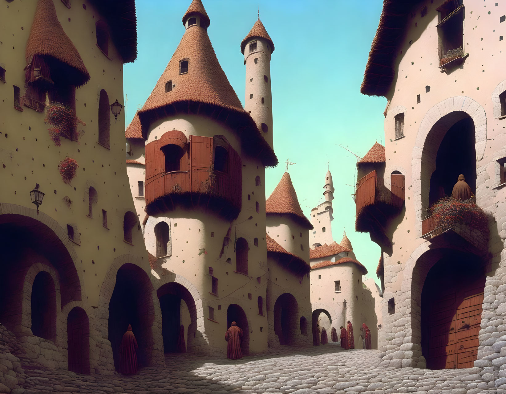 Medieval cobblestone street with whimsical towers and houses in serene European village