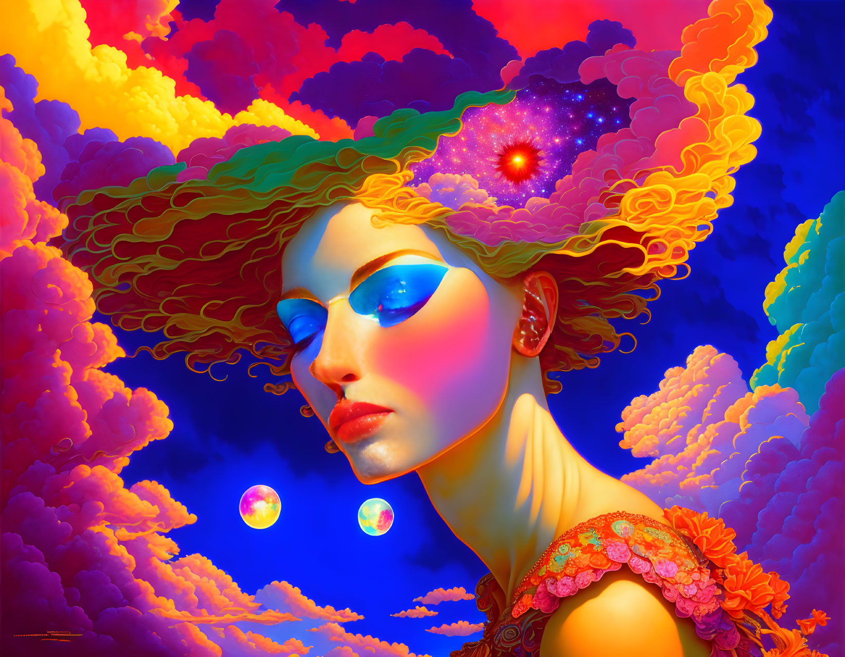 Colorful Artwork of Woman with Cloud Hair and Celestial Background