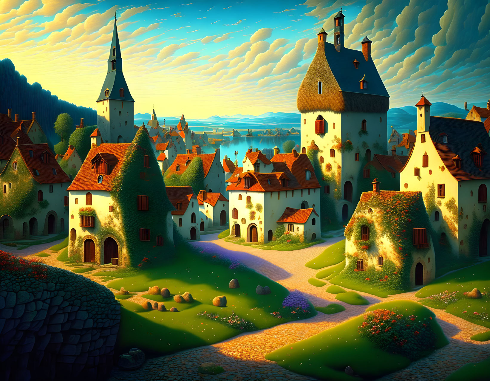 Whimsical fantasy village with castle, church tower, and quaint houses