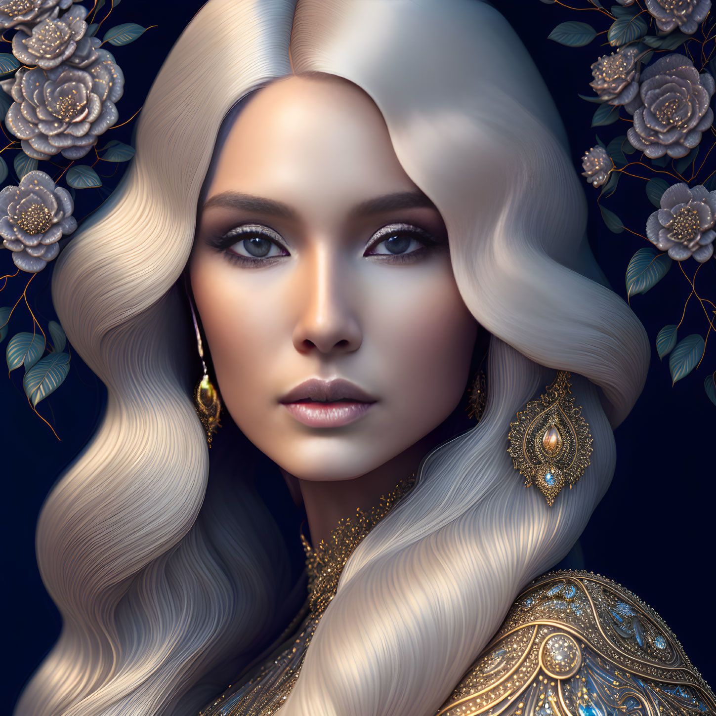 Detailed portrait of woman with long white hair and golden dress adorned with patterns and earrings, featuring stylized