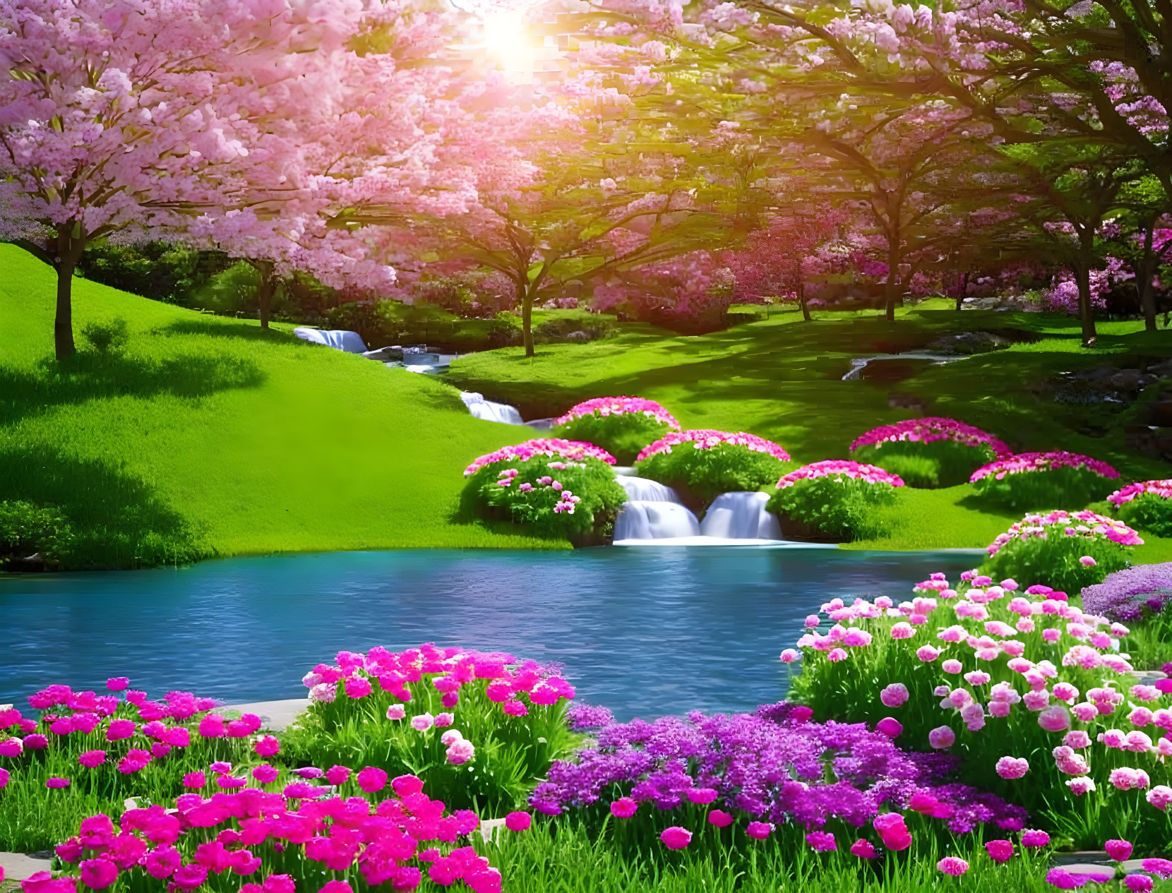 Beautiful spring landscape with cherry blossoms, waterfall, flowers, and pond