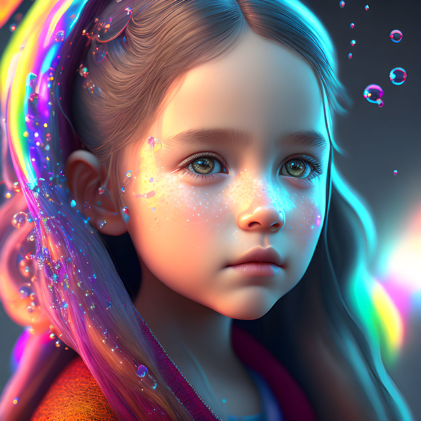 Colorful Digital Art Portrait of Girl with Sparkling Hair and Blue Eyes