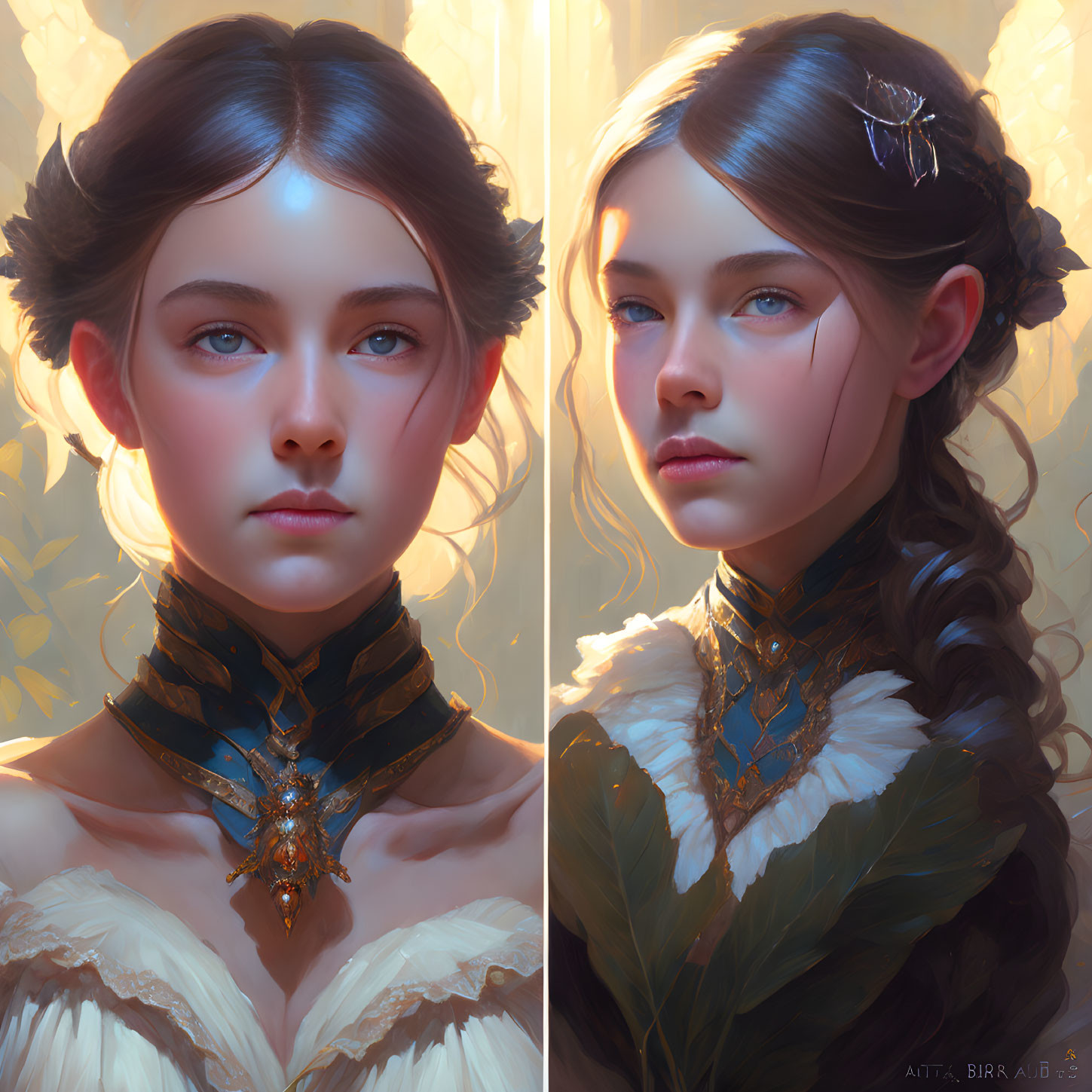 Stylized portraits of young woman with blue eyes and elegant attire