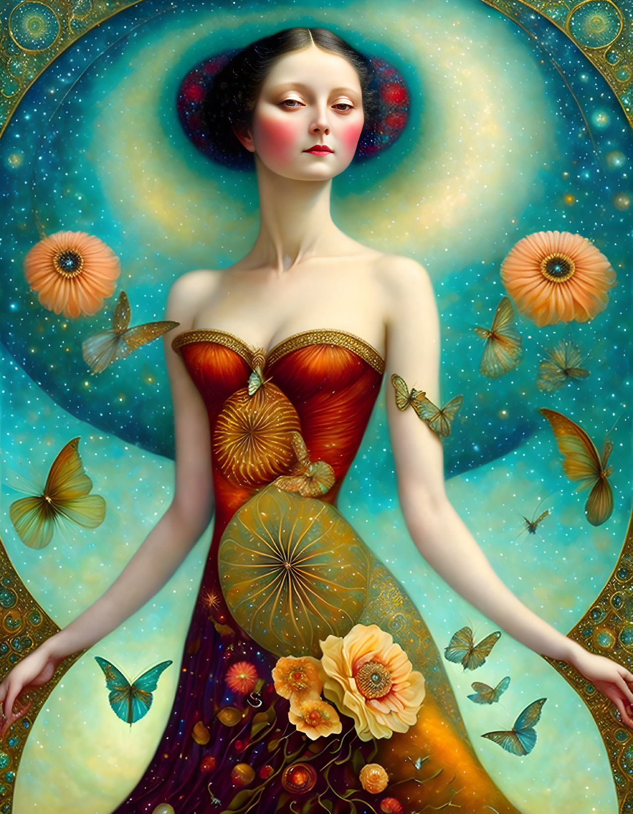Surreal painting: Woman with cosmos background and floral dress