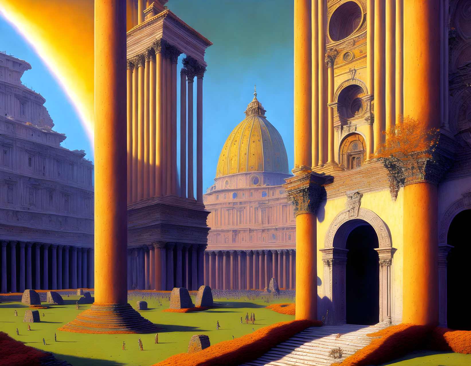 Surreal landscape with dome, pillars, and celestial line