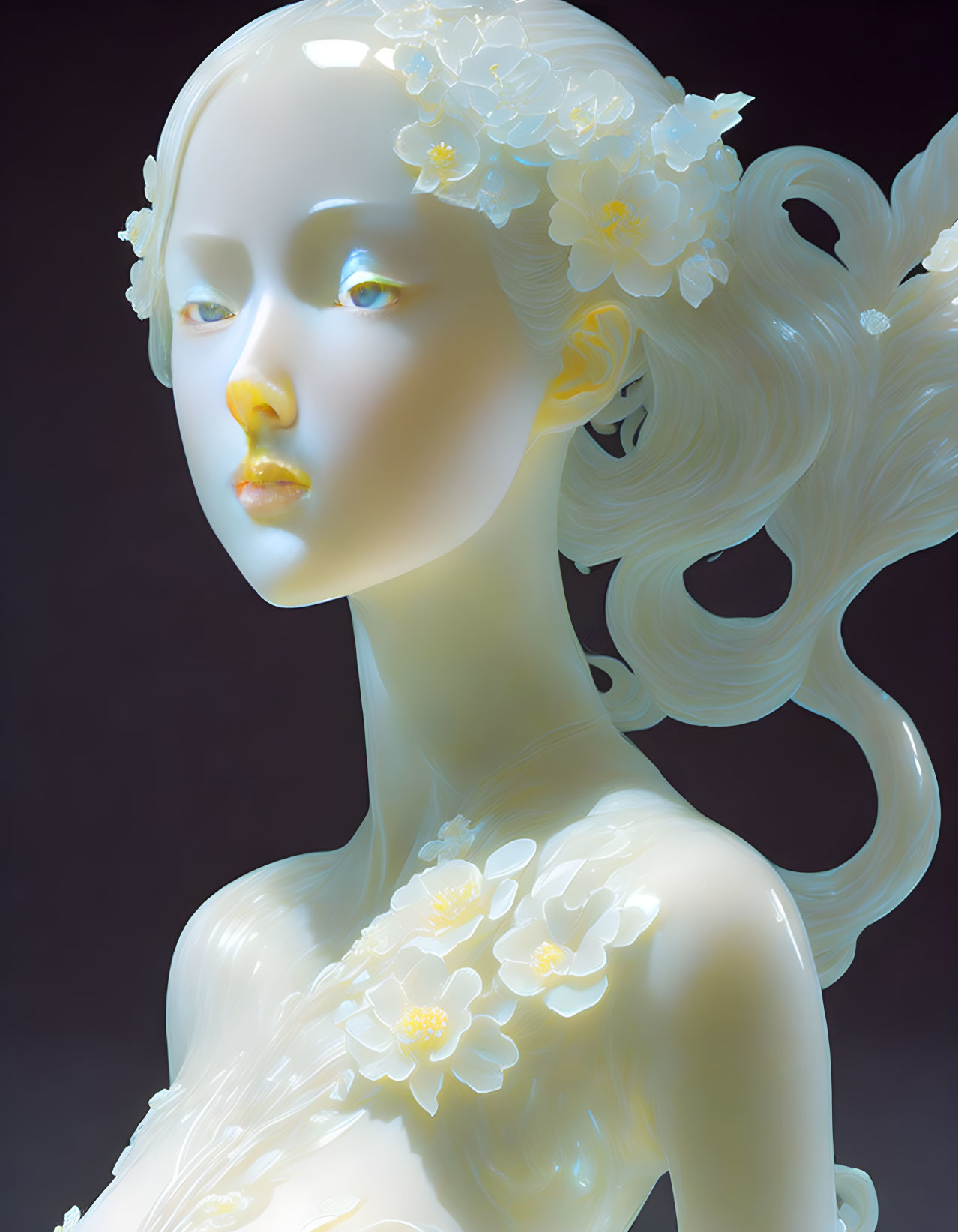Porcelain-like figure with flowing hair and white flowers on a dark background