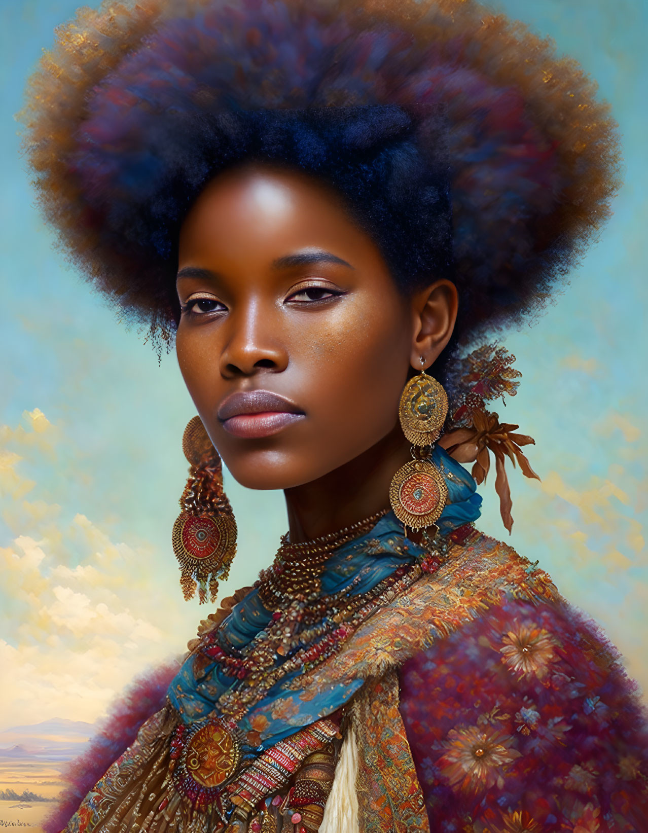 Woman with Afro and Circular Earrings in Colorful Outfit on Sky Blue Background