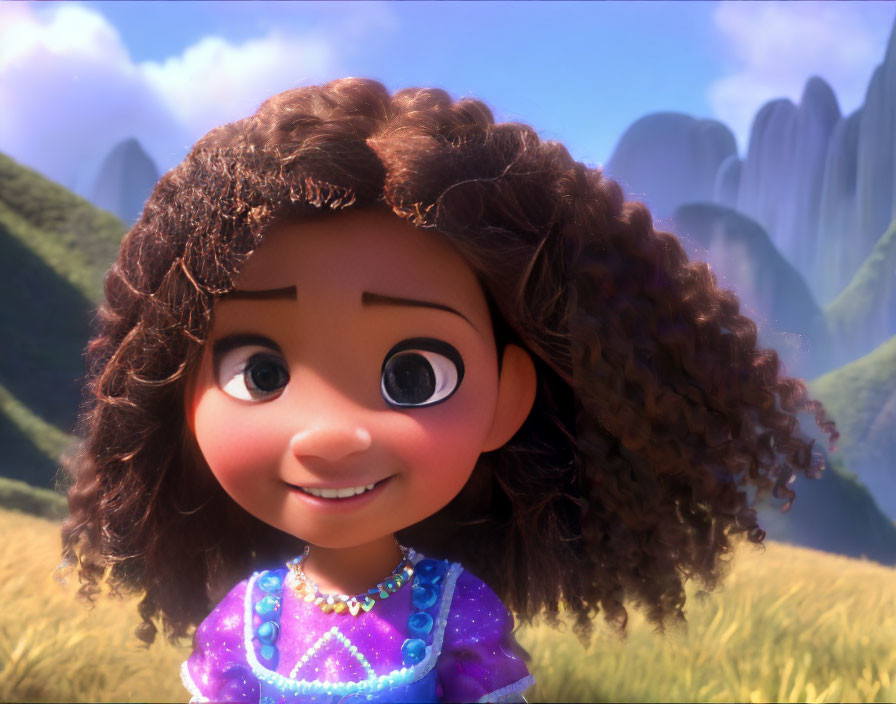 Curly-haired animated girl in purple dress on scenic backdrop