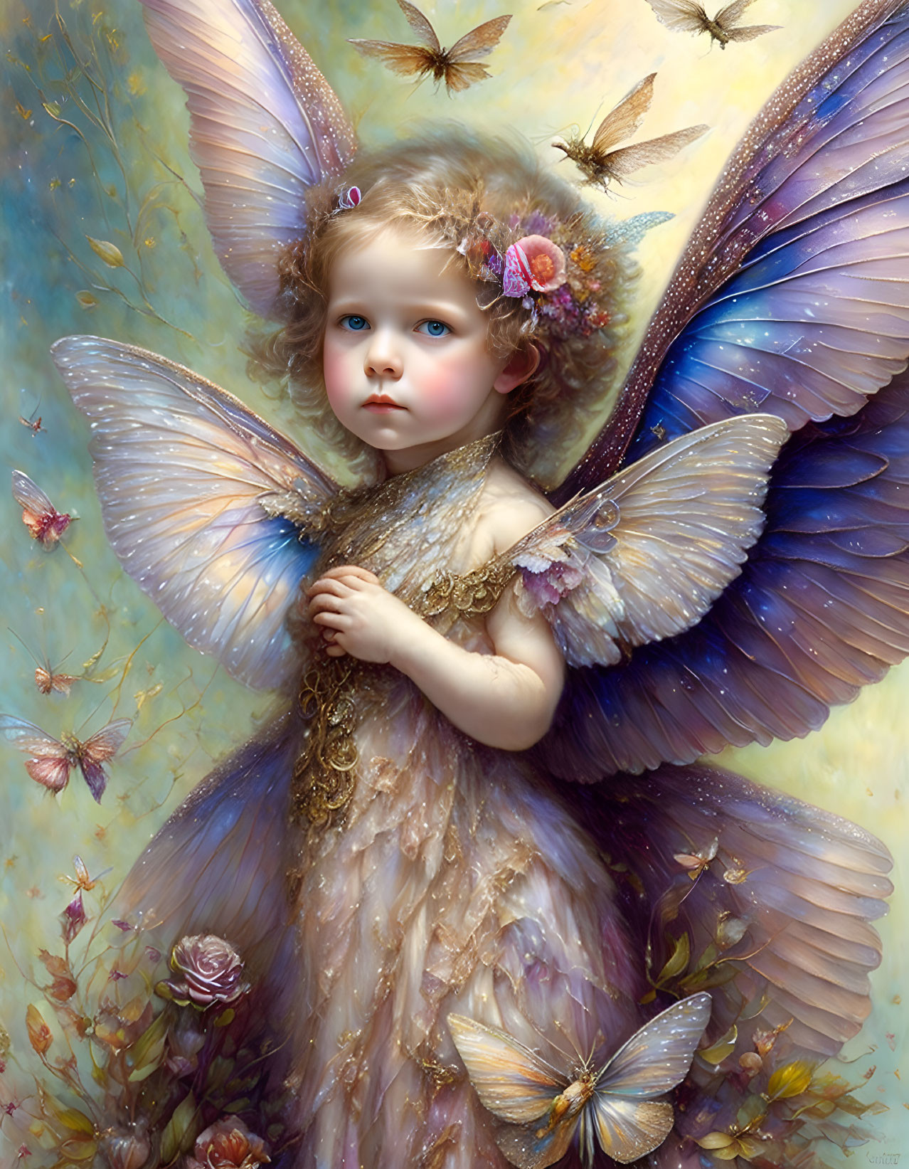 Ethereal painting of child with multicolored butterfly wings